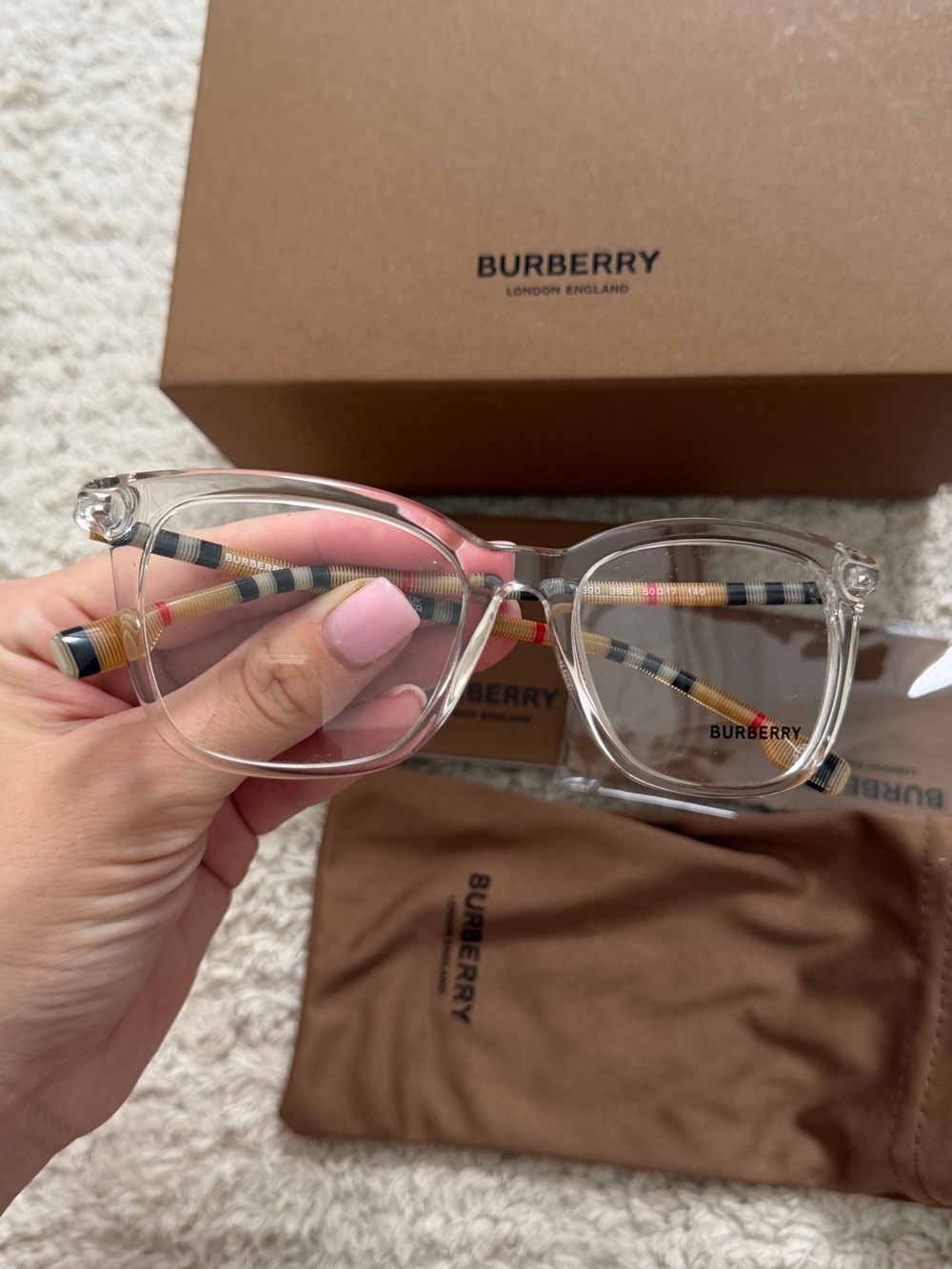 Burberry Clear Frame Glasses with Vintage Check Temples - Clear/Tan